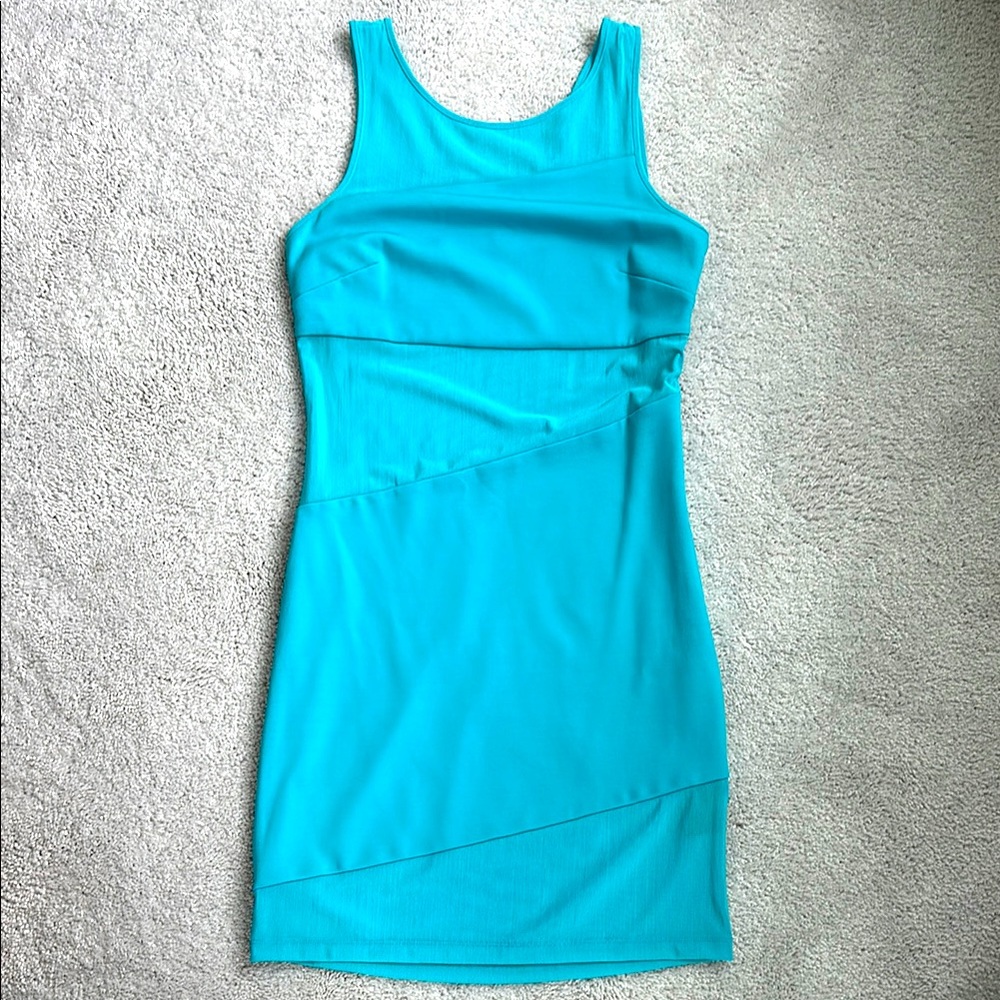 Bebe Bodycon Sheer Panel Dress Aquamarine M